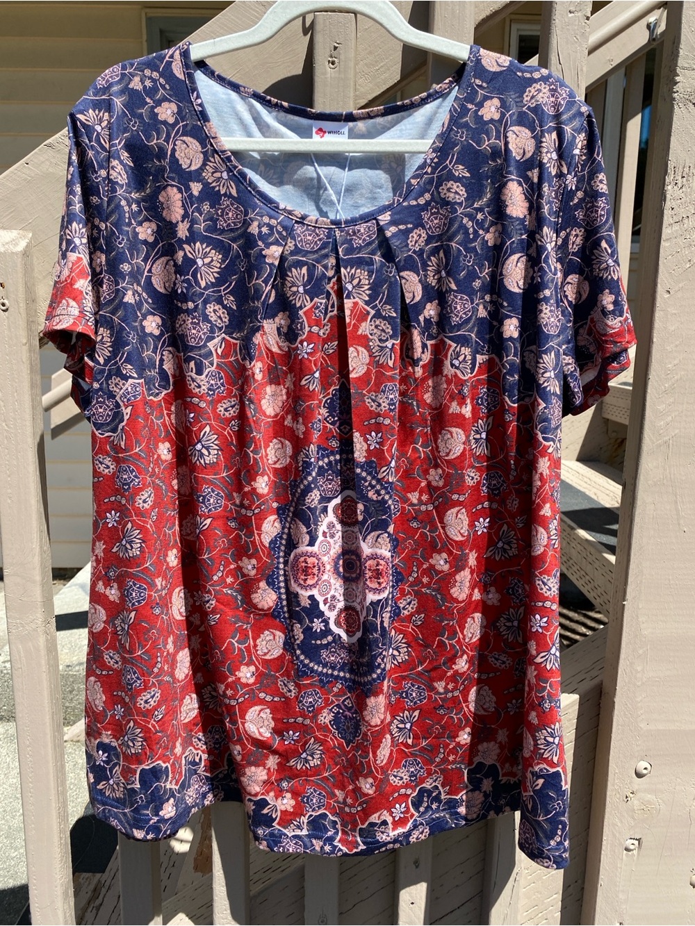 WIHOLL XXL Boho Floral Medallion Print Pleated Neck Blouse NWT